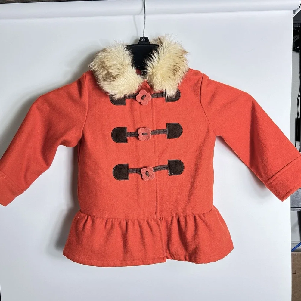 Gymboree Girls XS 3-4 Red-Orange Wool Toggle Coat Faux Fur Collar‎ Peacoat EUC